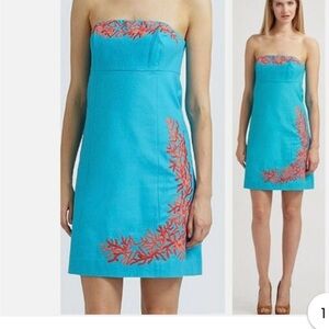 Lilly Pulitzer Bowen Strapless Turquoise Dress with Coral Accents